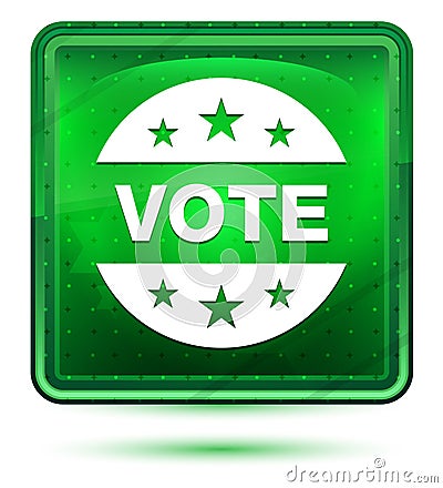 Vote badge icon neon light green square button Stock Photo