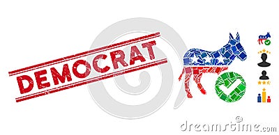 Vote Democrat Donkey Mosaic and Distress Democrat Seal with Lines Vector Illustration