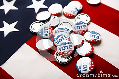 Vote election badge button for 2020 on flag of America Stock Photo
