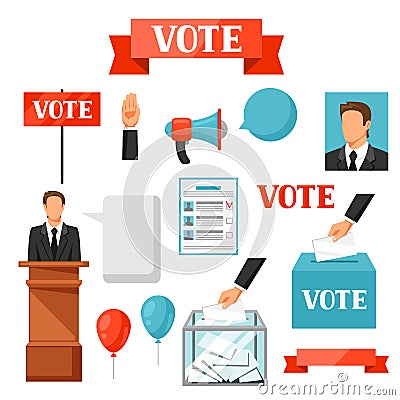 Vote political elections set of objects. Illustrations for campaign leaflets, web sites and flayers Vector Illustration