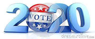 Vote 2020. Red, white, and blue voting pin in 2020 with Vote text. Stock Photo