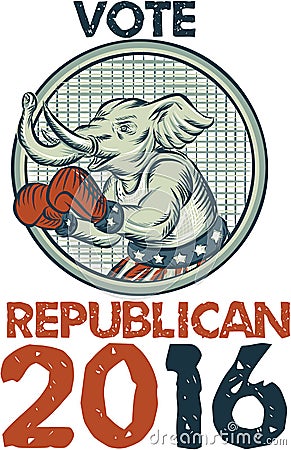 Vote Republican 2016 Elephant Boxer Etching Cartoon Illustration
