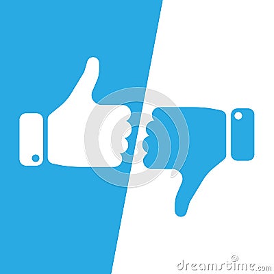 Vote thumbs up icon in blue and white inverse fields. Make a choice, yes or no, love it or hate it, like or dislike win Vector Illustration