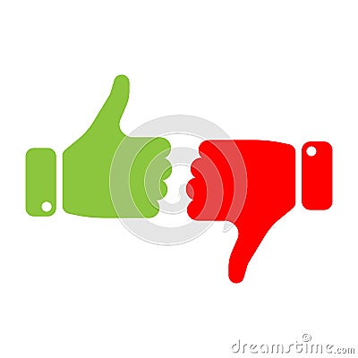 Vote thumbs up icon in red and green . Make a choice, yes or no, love it or hate it, like or dislike win or loss. Vector Vector Illustration
