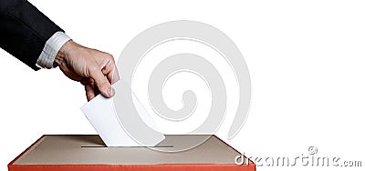 Voter Holds Envelope In Hand Above Vote Ballot On Isolated. Freedom Democracy Concept Stock Photo