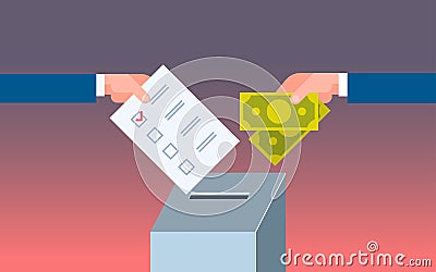 Voter putting paper ballot list in box selling vote hand giving money during voting election corruption concept flat Vector Illustration