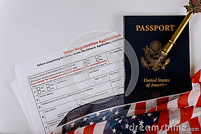 Voter Registration Application for presidential US election United States Passports on of American Flag Stock Photo