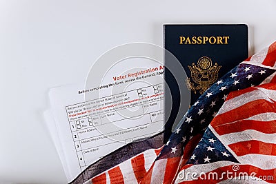 Voter Registration Application for presidential US election United States Passports on of American Flag Stock Photo