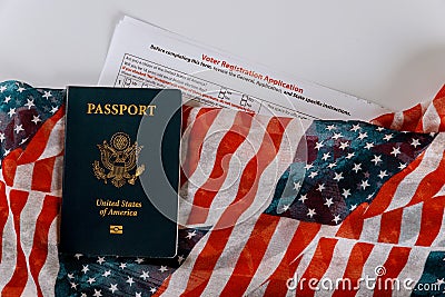 Voter Registration Application for presidential US election United States Passports on of American Flag Stock Photo