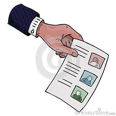 Voting ballot, form, list icon. Vector illustration of ballot paper in hand. Wrist hand holds a blank with a check mark, document Cartoon Illustration