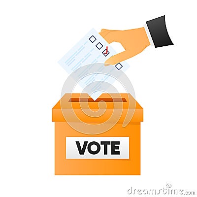 Voting box icon. Election voting concept. The hand throws the ballot into the box for collecting votes. Vector Vector Illustration