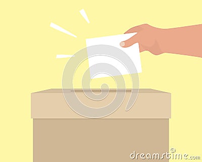 Voting concept. A human hand puts an envelope in ballot box. Template with empty paper for text. Referendum, voting, presidential Vector Illustration