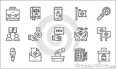 voting elections line icons. linear set. quality vector line set such as ballot box, voting, microphone, form, mail, debate, peace Vector Illustration