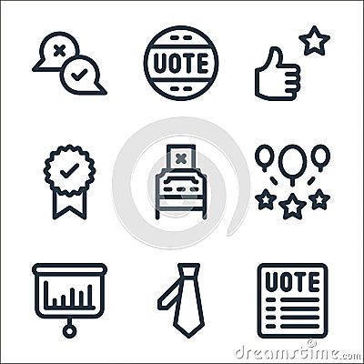 voting elections line icons. linear set. quality vector line set such as ballot, tie, chart, balloons, ballot box, badge, positive Vector Illustration