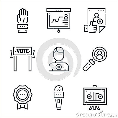 voting elections line icons. linear set. quality vector line set such as rating, microphone, medal, search, supporter, vote, like Vector Illustration