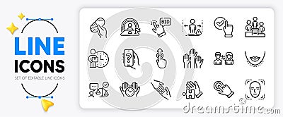 Voting hands, Delivery man and Lawyer line icons. For web app. Vector Stock Photo