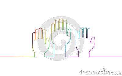 Voting hands raising to sky. One continuous line art vote online. Election day volunteer diversity different rainbow Vector Illustration