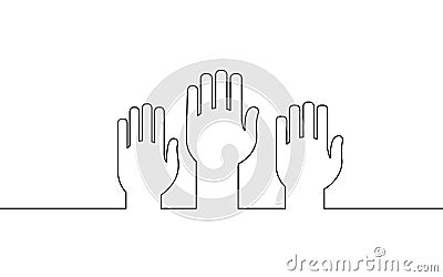 Voting hands raising to sky. One continuous line art vote online. Election day volunteer meeting demoncracy. Hand Vector Illustration