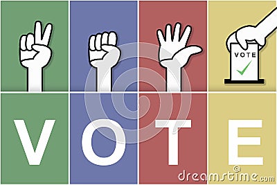 Voting illustrations with colorful graphics, holding hands and placing cards Cartoon Illustration