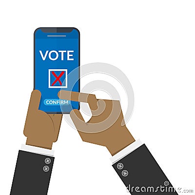 Voting online concept. black people hand press confirm button for vote via mobile smart phone. electronic voting, election Vector Illustration