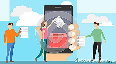 Voting online concept. Online voting mini people concept flat vector illustration with smartphone screen,voting box and Vector Illustration