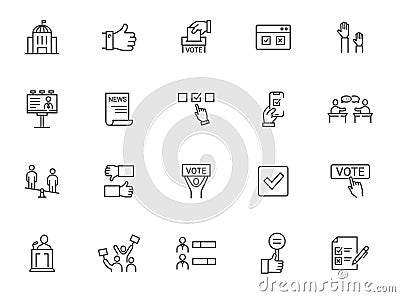 Voting politic line icon election. Ballot vote poll public button survey tick box, democracy voter sign set Vector Illustration