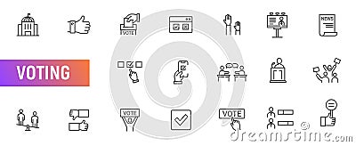 Voting politic line icon election. Ballot vote poll public button survey tick box, democracy voter sign set Vector Illustration