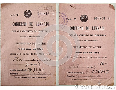 Vouchers to supply a liter of oil from the Government of Euzkadi. Spanish civil war Editorial Stock Photo