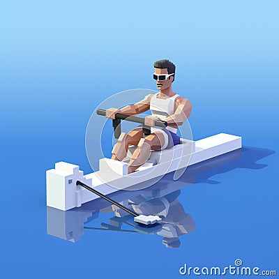 Voxel Art 3d Rendering: Man Rowing On Rowing Machine Stock Photo