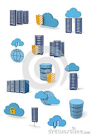 Voxel Low Poly Cloud Database Collection - Isometric Cloud Storage Security Hosting 3D Pixel Art for Design Project Stock Photo