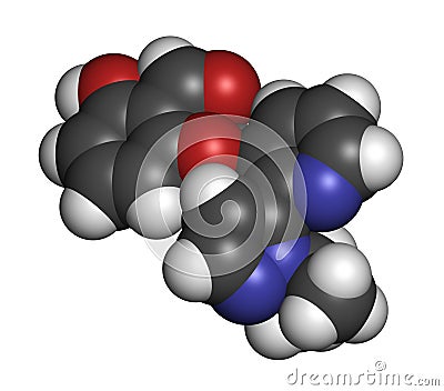 Voxelotor sickle cell disease drug molecule. 3D rendering. Atoms are represented as spheres with conventional color coding: Stock Photo