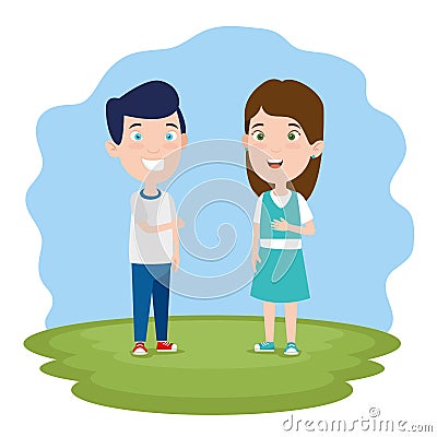 Voy and girl children with clothes in the landscape Vector Illustration