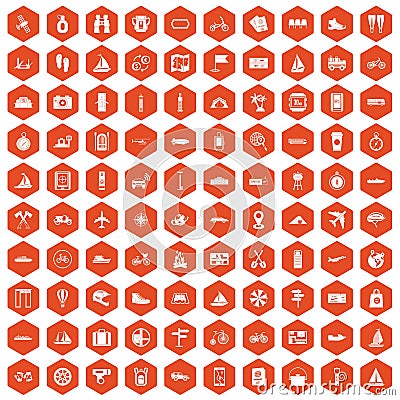 100 voyage icons hexagon orange Vector Illustration