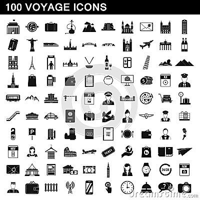 100 voyage icons set, simple style Vector Illustration