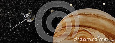 Voyager spacecraft near Jupiter and its satellites - 3D render Stock Photo