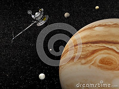 Voyager spacecraft near Jupiter and its satellites - 3D render Stock Photo