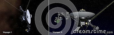 Voyager 1 and Voyager 2 spacecraft in deep space field. 3D illustration Cartoon Illustration