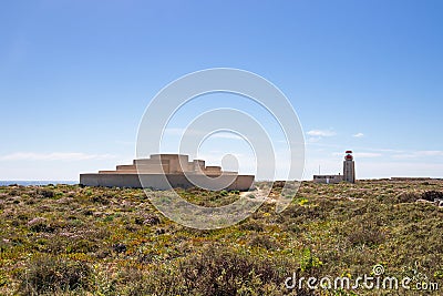 A Voz do Mar (A Sound of the Sea) installation and Farol de Sagres (Lighthouse of Ponta de Sagres) located in Algarve, Portugal Stock Photo