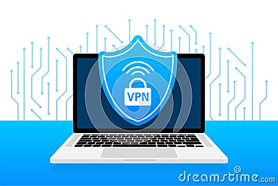 VPN flat blue secure label on white background. Vector illustration. Vector Illustration