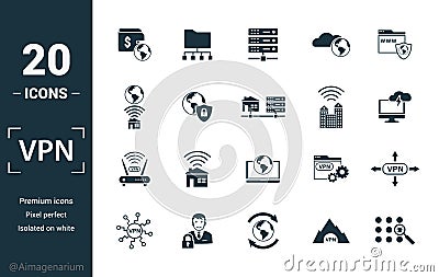 Vpn icon set. Include creative elements , archiving, site security, home server, cloud storage hacking icons. Can be used for Stock Photo