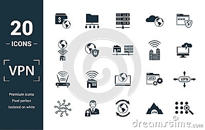 Vpn icon set. Include creative elements , archiving, site security, home server, cloud storage hacking icons. Can be used for Stock Photo