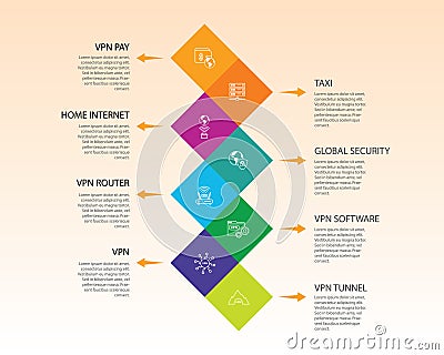 Vpn Infographics vector design. Timeline concept include vpn pay, archiving, home internet icons. Can be used for report, Stock Photo