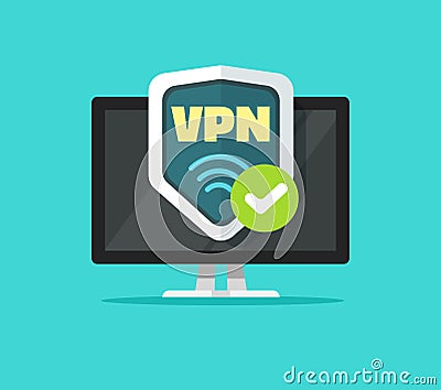 Vpn on pc computer technology icon vector service server or virtual private privacy network shield digital tech protocol image Vector Illustration