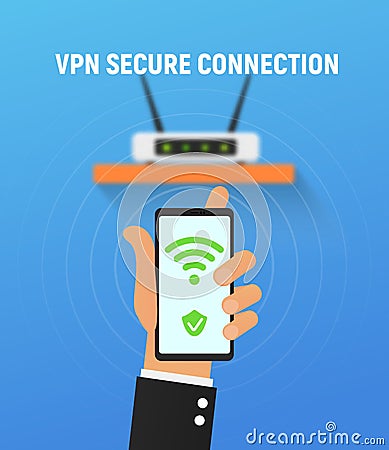 VPN security system. Secure wireless network connection vector illustration. Cartoon hand holding smartphone and use virtual Cartoon Illustration