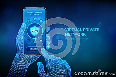 VPN. Virtual private network. Data encryption, IP substitute. Secure VPN connection concept. Cyber security and privacy. Closeup Vector Illustration