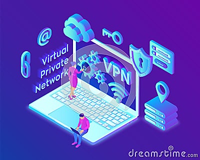 VPN. Virtual private network. Data encryption, IP substitute. Secure VPN connection concept. Cyber security and privacy, Isometric Stock Photo