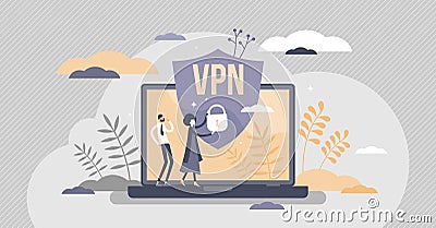 VPN virtual private network information secured in cloud tiny person concept Vector Illustration