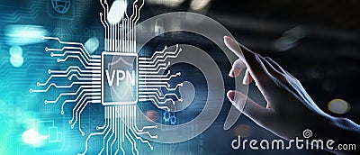 VPN virtual private network internet access security ssl proxy anonymizer technology concept button on virtual screen. Stock Photo