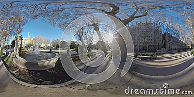 360 VR City view with Apollo Fountain on Paseo del Prado in Madrid, Spain Stock Photo