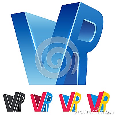 VR Combined Letters Virtual Reality Blue 3D Sign Vector Illustration